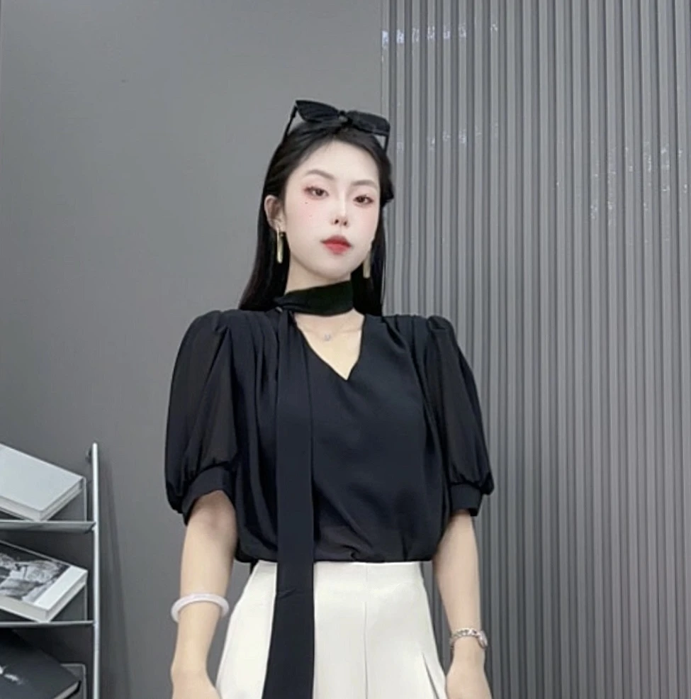 气质百搭V领飘带雪纺上衣女2025夏季新款时尚休闲衬衫上衣6857