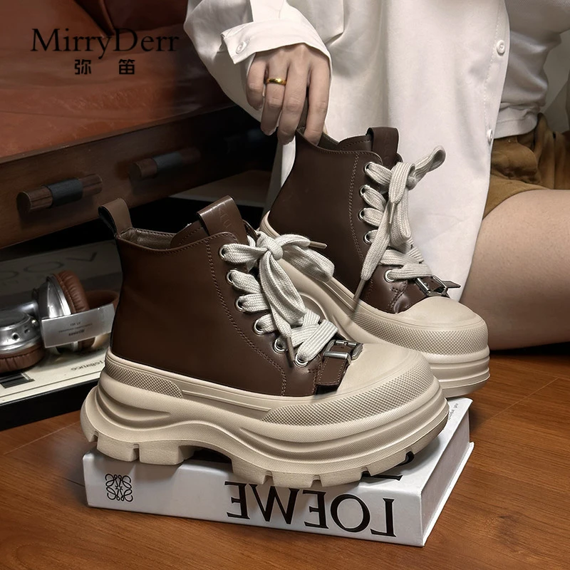 欧货高端圆头系带松糕厚底马丁靴女2025新款小个子增高休闲靴短靴