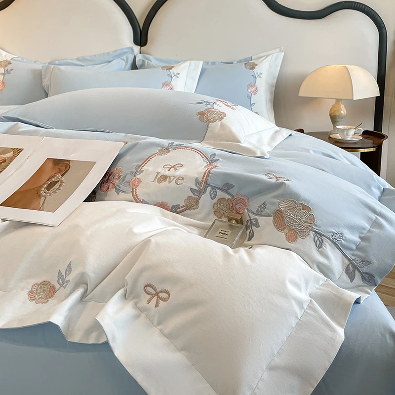 2025款轻奢高级感长绒棉四件套纯棉全棉花卉刺绣被套床单床上用品