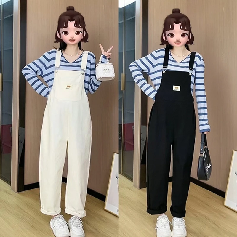 孕妇早秋休闲套装洋气减龄直筒背带裤春夏百搭条纹上衣两件套韩版