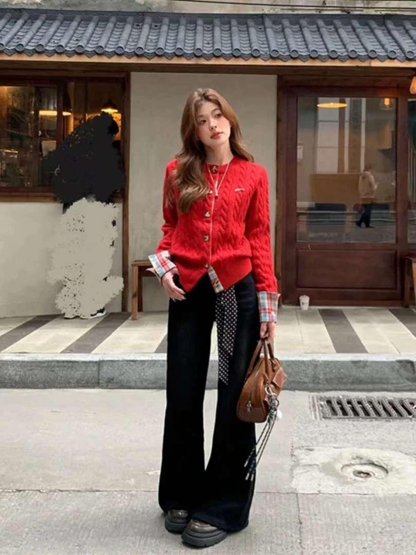 2940学院风格子拼接开衫毛衣秋冬季设计感假两件针织外套上衣