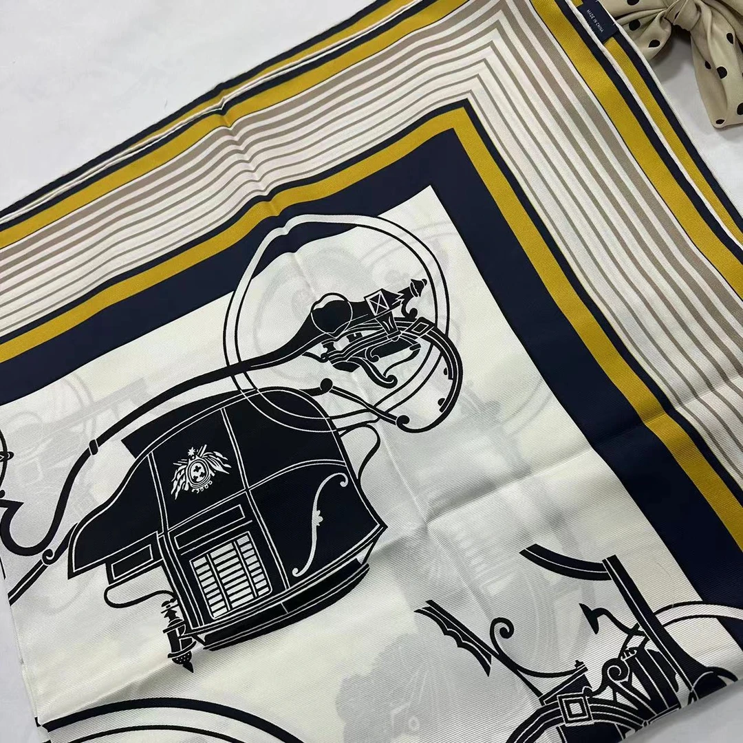 110意罗绸方巾-黄棕车马 105cm丝巾 017