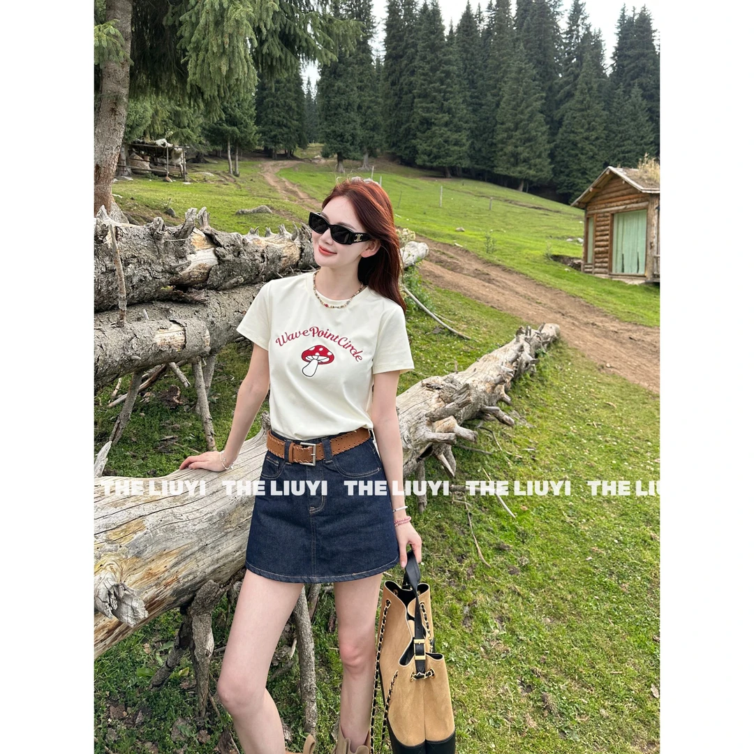【LIUYI】新款小蘑菇刺绣正肩短袖T恤572624