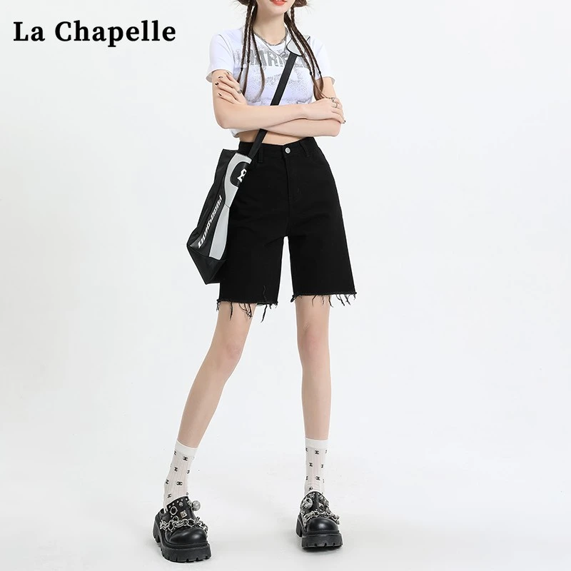 拉夏贝尔黑色五分牛仔短裤女夏季2025新款高腰宽松小个子5分中裤