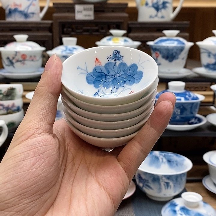 手绘6个装荷花一生斗笠杯55cc 釉下彩微瑕福利款