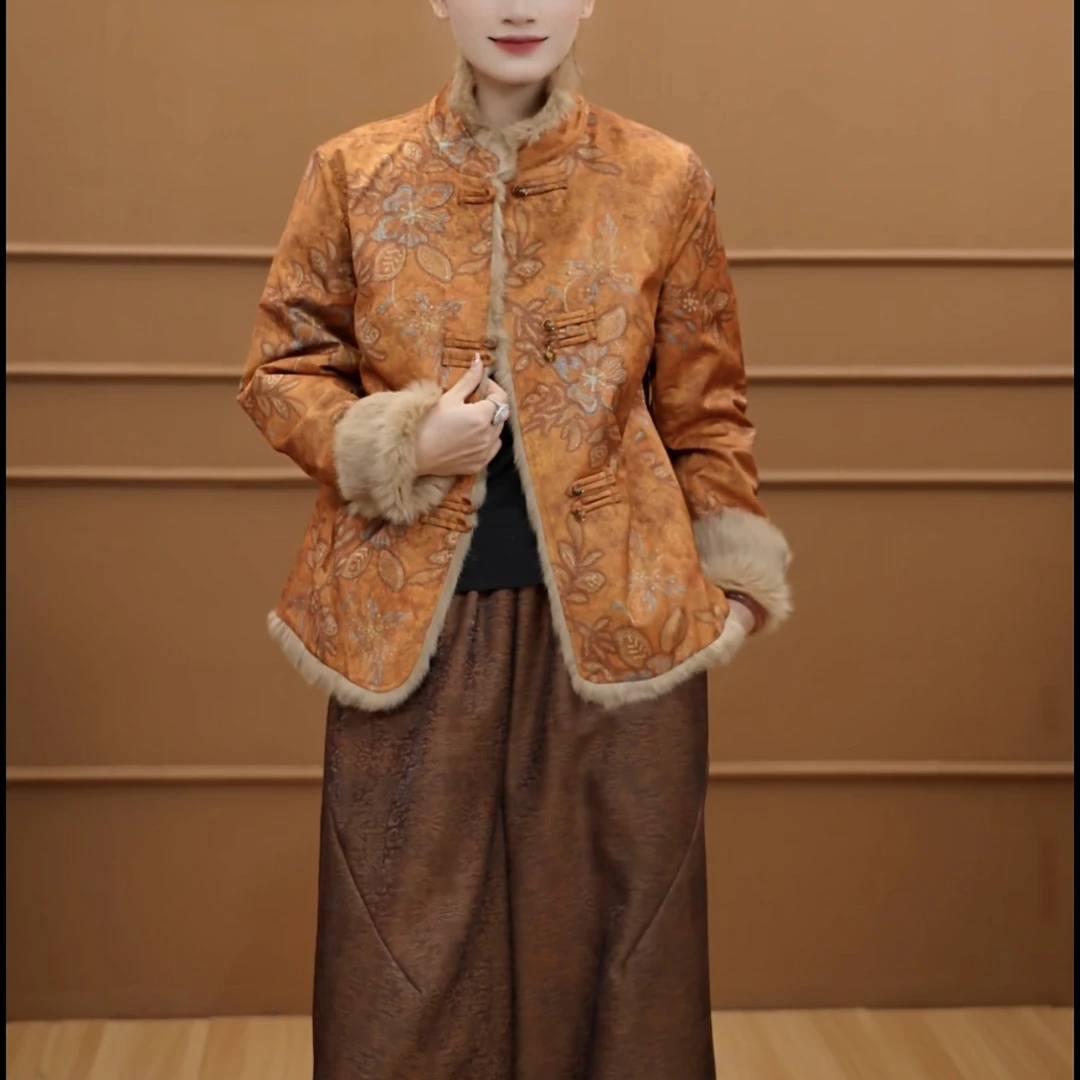 【羽化成诗】新中式保暖冬季加厚长袖上衣刺绣提花国风双面穿女装