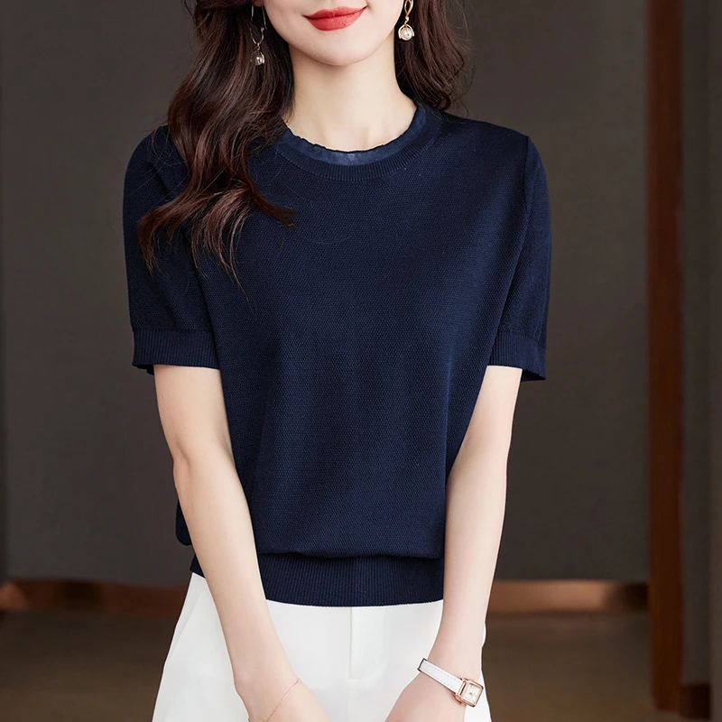 桑蚕丝短袖t恤女夏季薄款2025新款女短款上衣宽松洋气天丝针织衫