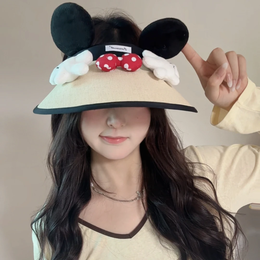 蝴蝶结小老鼠耳朵空顶防晒帽女夏季防紫外线遮阳帽大帽檐太阳帽子