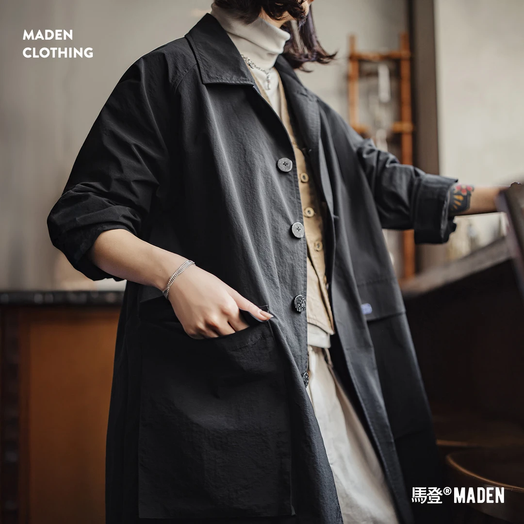 马登黑色翻领宽松中长薄款大衣高个子休闲工装风衣外套女士早秋季