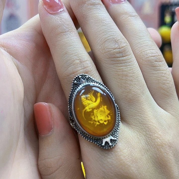 琥珀颈饰银S925镶嵌戒指