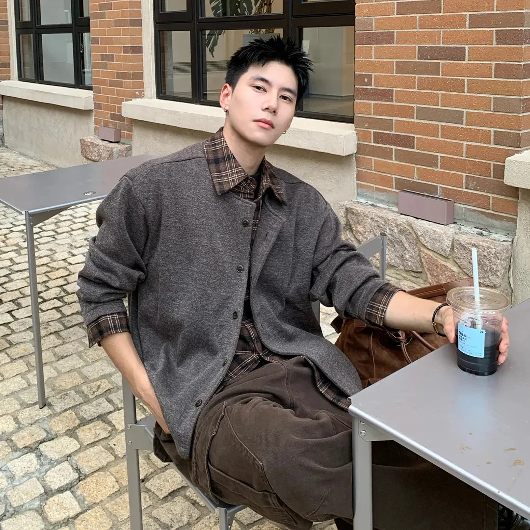 Holocene美式春秋假两件拼接衬衫领cleanfit针织衫开衫外套880562