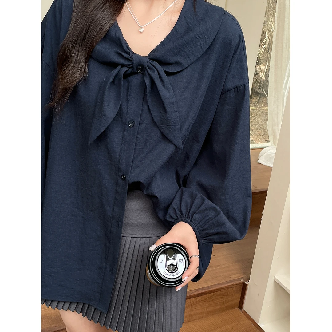 早秋季女款新款遮肚巨好看设计感上衣大码胖mm显瘦蝴蝶结圆领长袖