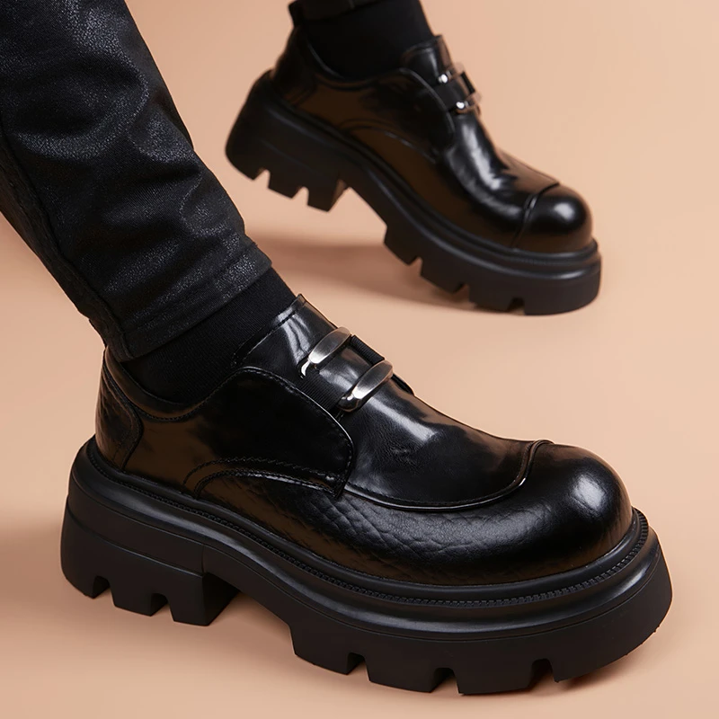 德比鞋男厚底潮流透气商务休闲鞋英伦风百搭内增高一脚蹬男士皮鞋