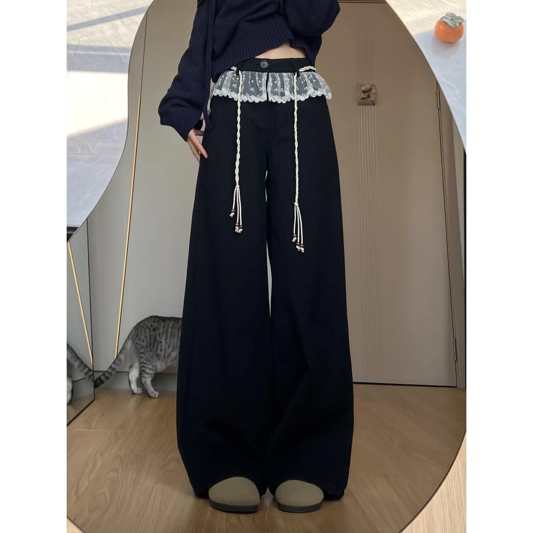 百搭西装2025春夏蕾丝拼接小众设计感裤子女别致美式休闲裤潮服饰