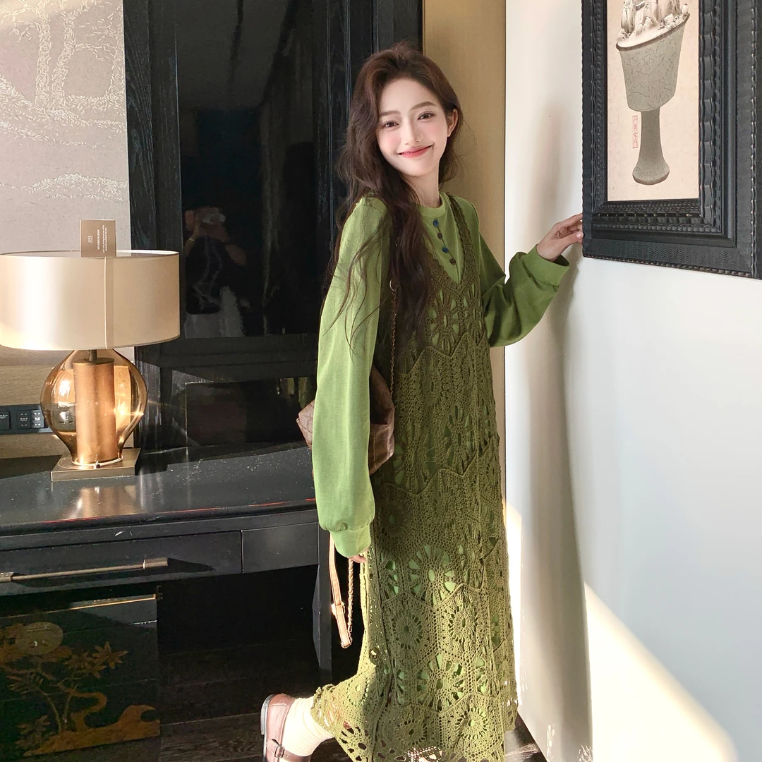 韩系高级感轻熟风穿搭套装2025秋季新款镂空罩衫内搭连衣裙两件套