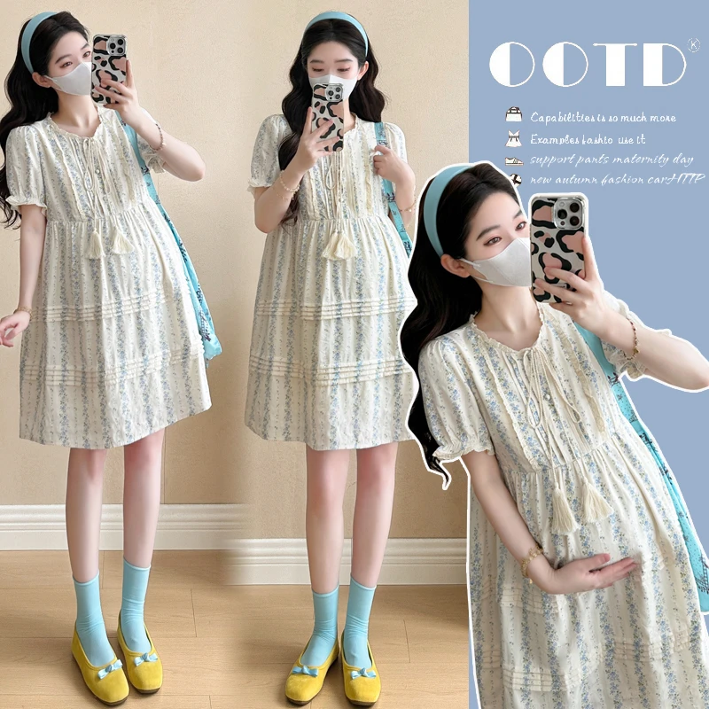 孕妇连衣裙夏季新款减龄提花高级感碎花甜美时尚褶皱宽松A字裙
