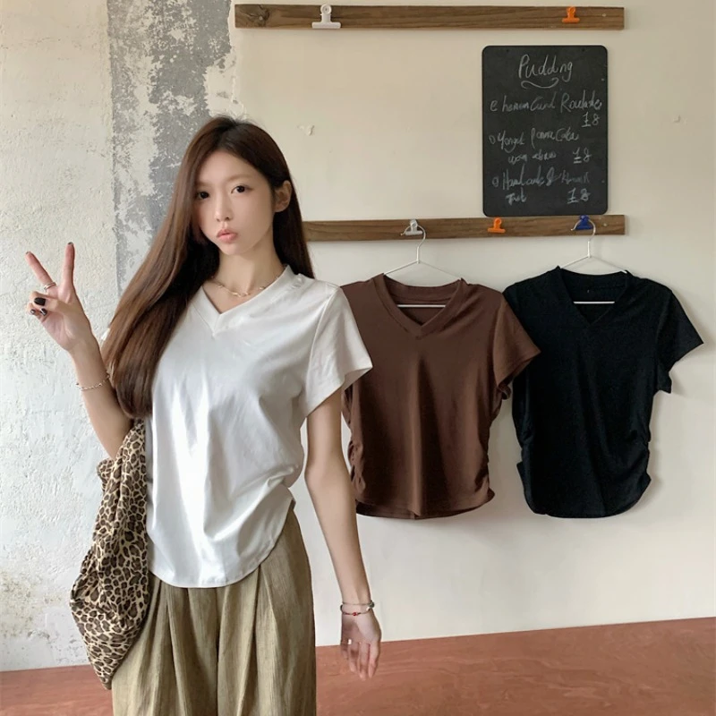 【多多】大码设计感褶皱V领正肩短袖女百搭显瘦套头T恤上衣