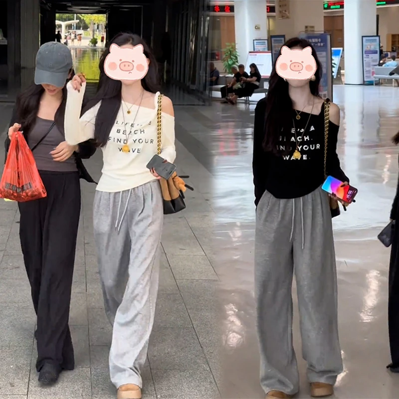 设计感小众斜肩字母印花长袖T恤女2025秋季新款时尚百搭减龄套装