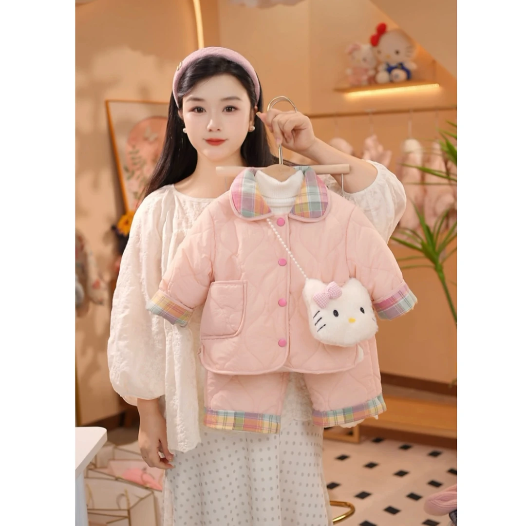 【拍一发三】2025冬季加绒加厚拼接格子套装保暖外套加厚直筒裤套装