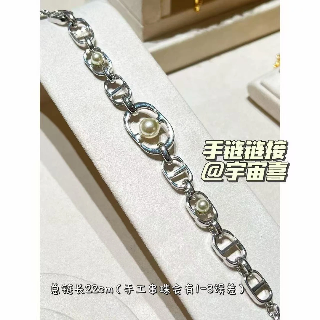 铜合金仿珍珠手链 F4-117【猪鼻子银色贝珠环环相扣手链】