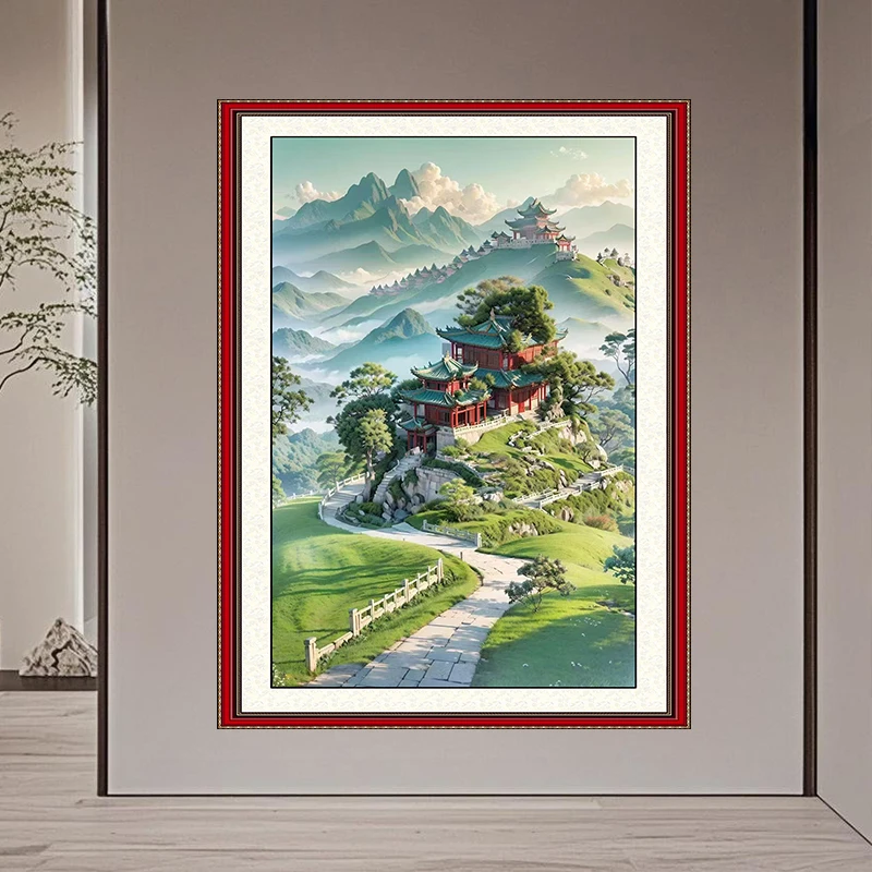 【独家定制】青山隐骏十字绣马到成功新中式抽象山水风景玄关装饰画