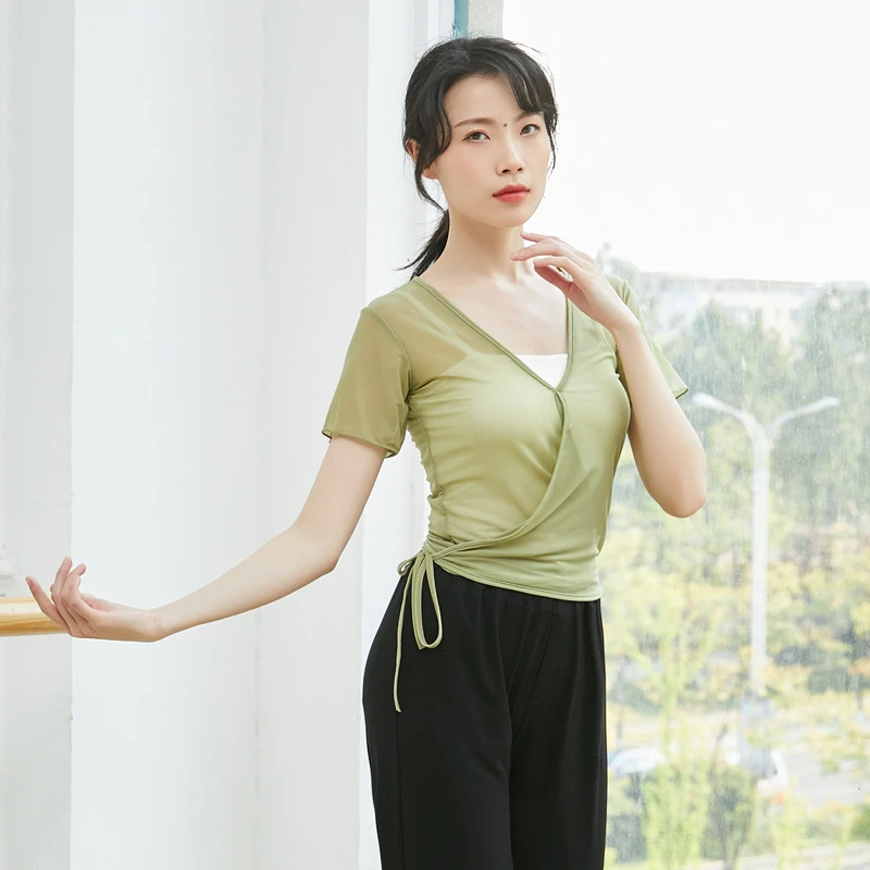 舞蹈网纱上衣女芭蕾舞练功服舞蹈服飘逸短袖系带古典舞身韵纱衣