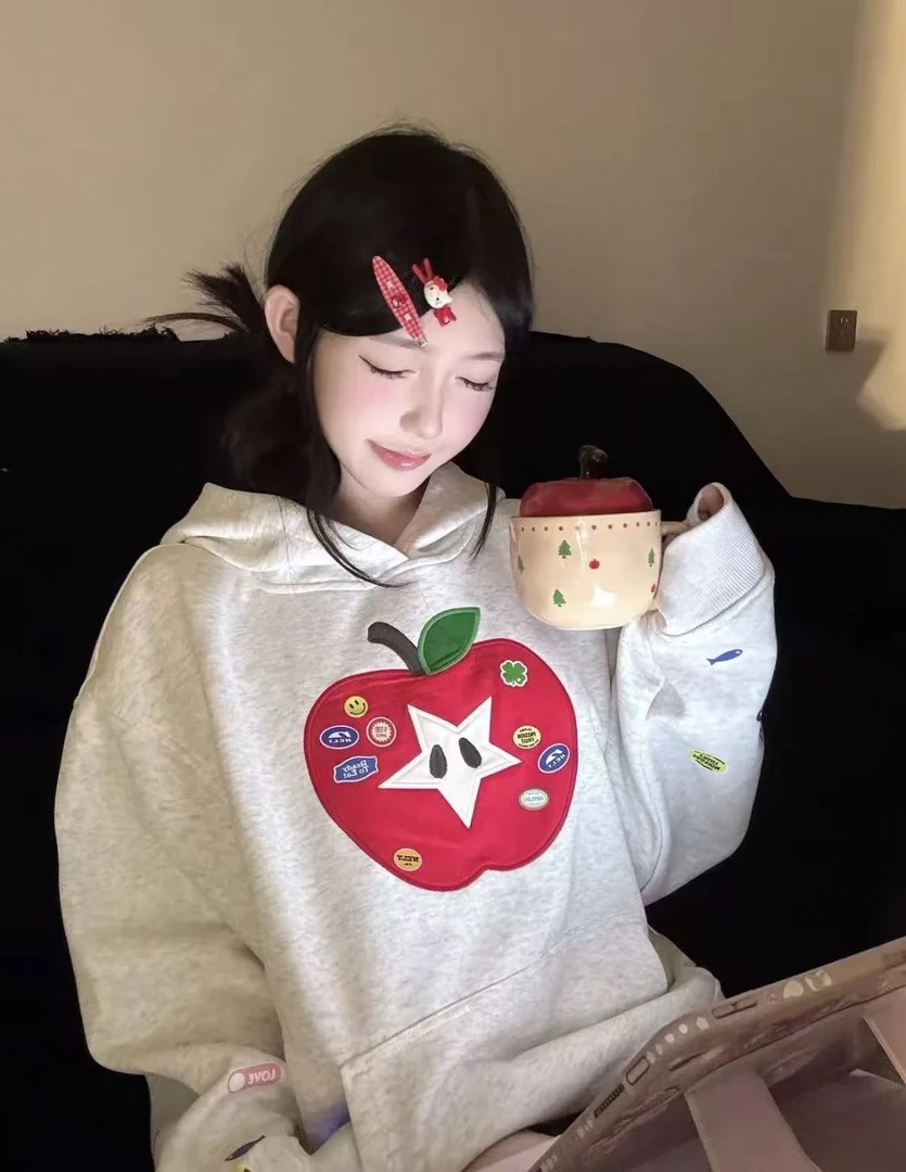 【苹果星趣】秋季连帽学院风苹果刺绣贴布卫衣加厚秋冬款
