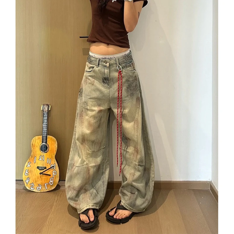 【运费险+送挂绳】街头设计感脏染牛仔裤女秋季新款宽松弯刀阔腿裤