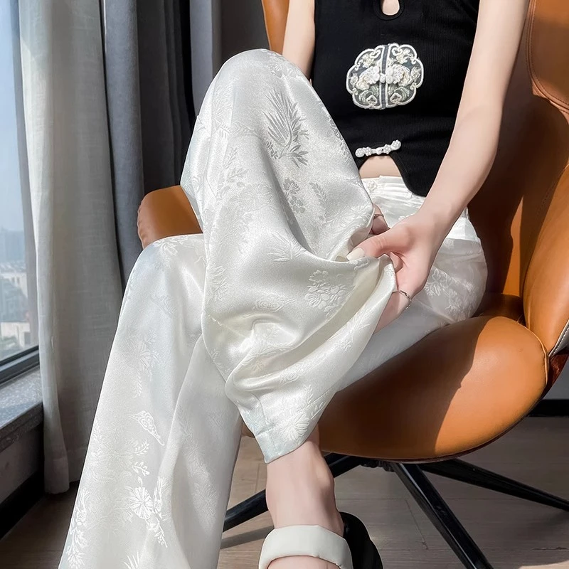 窄版冰丝阔腿裤女夏季薄款2025新款垂感直筒新中式轻国风缎面裤子