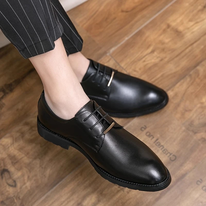 小皮鞋软皮韩版英伦风时尚休闲潮流发型师尖头皮鞋男商务正装黑色