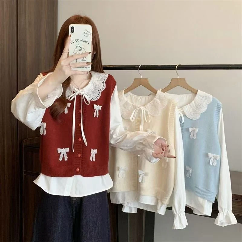 ZHI LING/芷翎学院少女风春夏时尚蝴蝶结外穿开衫马甲衬衫套装