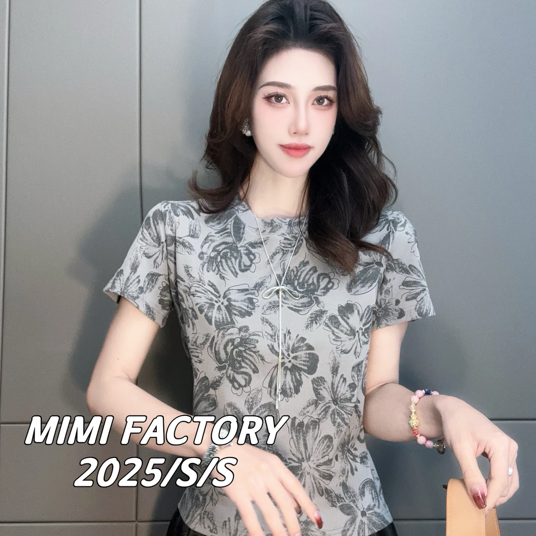 2025夏季新款 欧货满印花朵短袖T恤女修身显瘦时尚百搭5216#