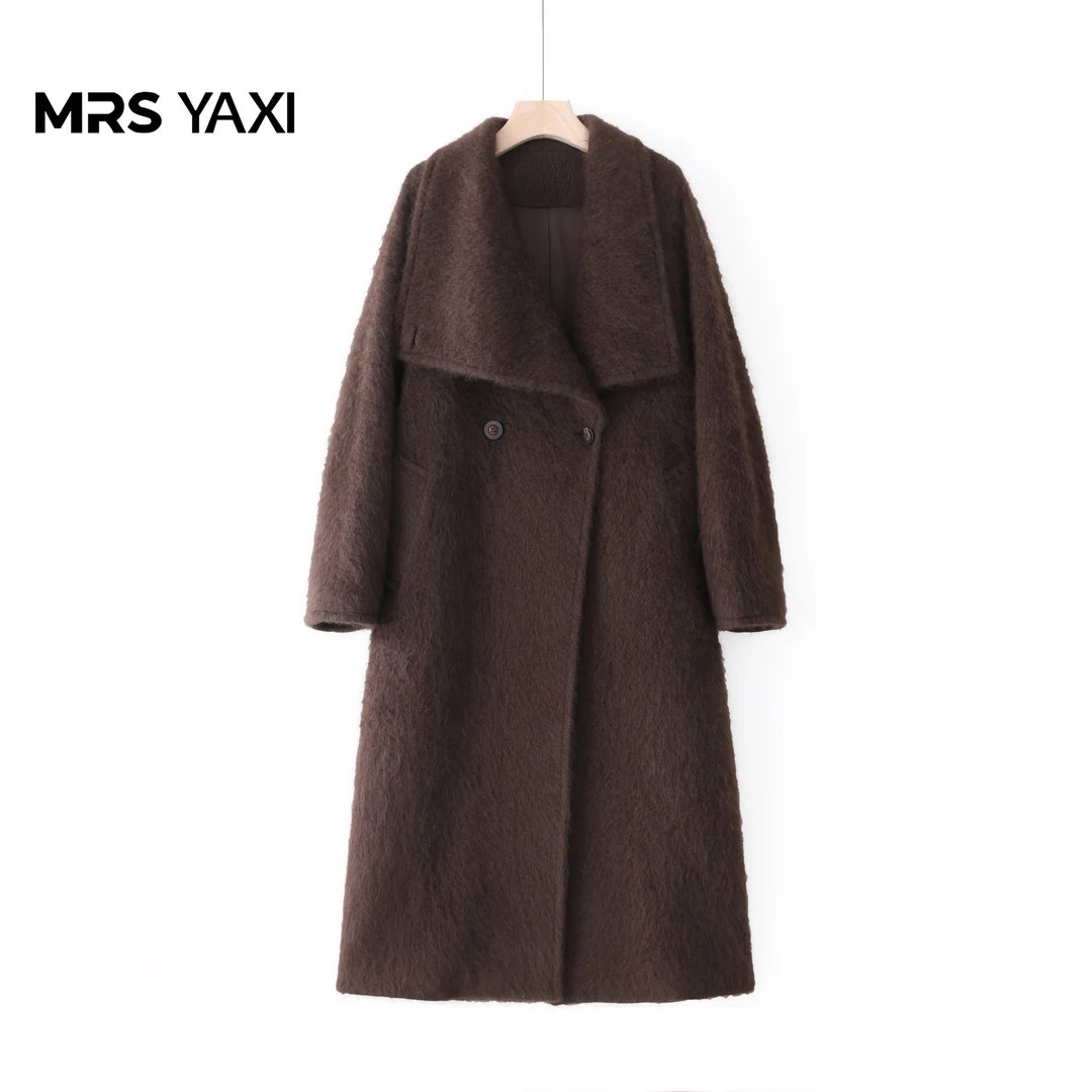Mrsyaxi大翻领拉绒中长款牦牛绒大衣YX5073104