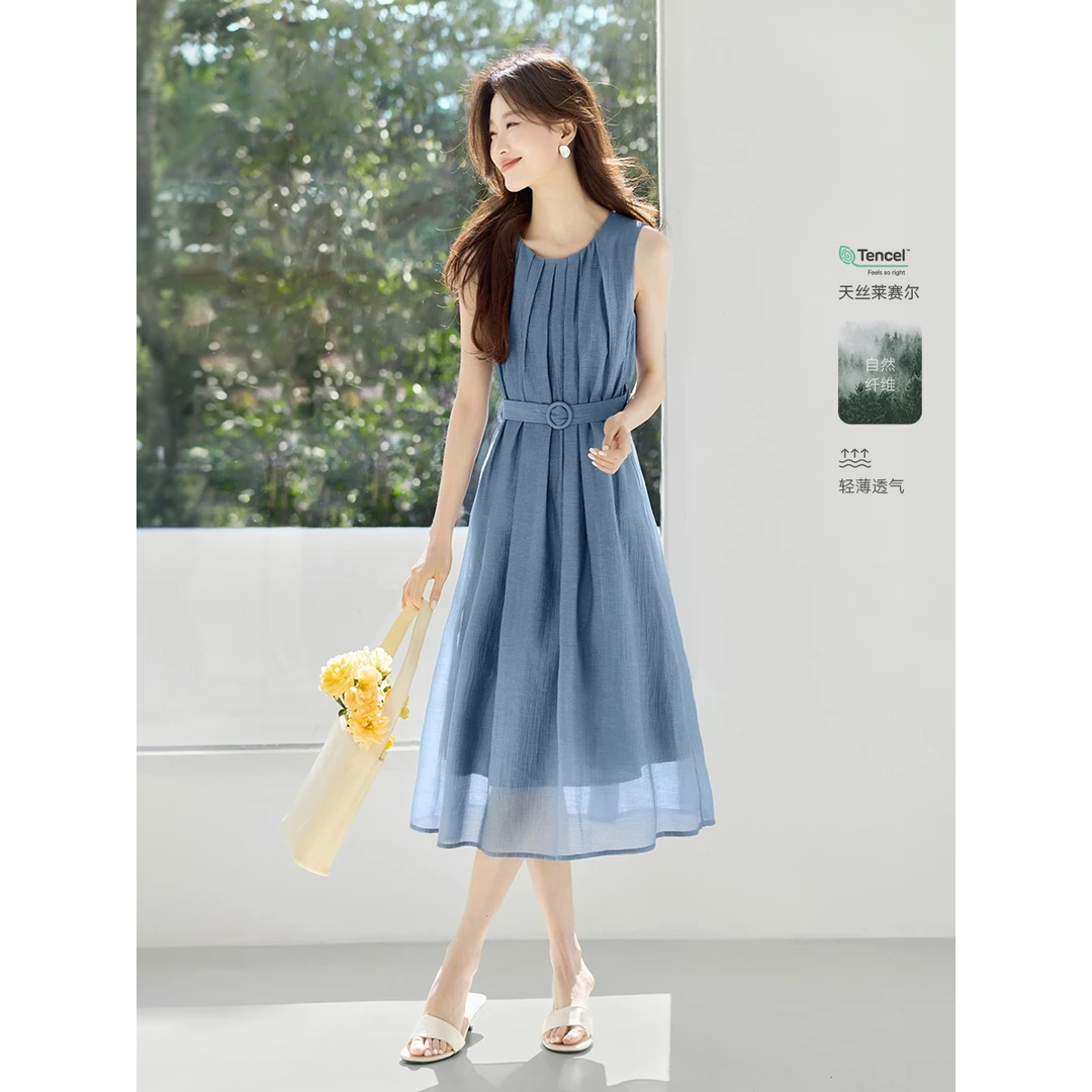 莱赛尔高级感气场系带收腰连衣裙2025夏季新款压褶A字连衣裙女