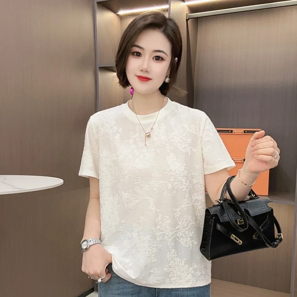 提花圆领短袖T恤衫女2025夏季新款韩版时尚宽松百搭休闲女装上衣