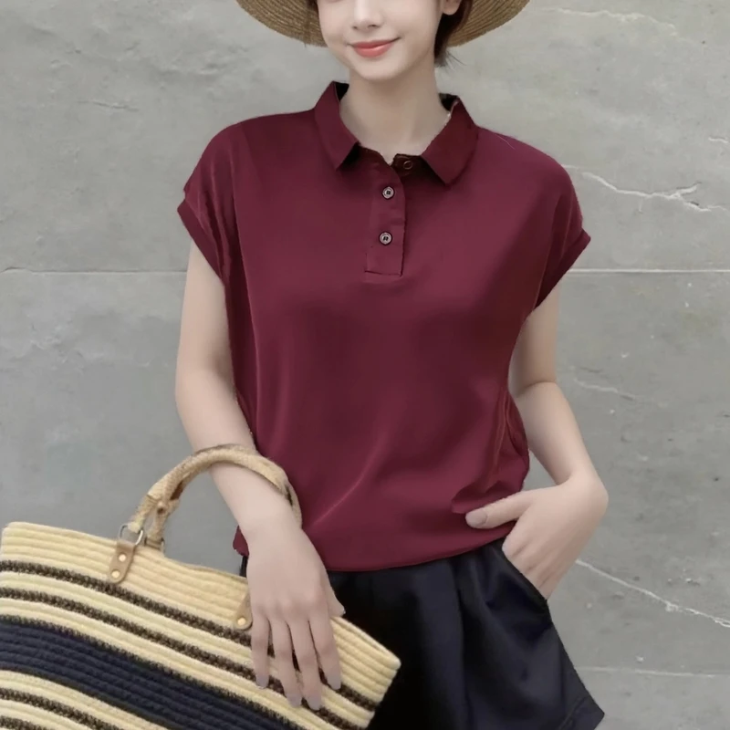 夏季妈妈装时尚洋气百搭宽松polo领简约休闲女装纯色上衣显瘦气质