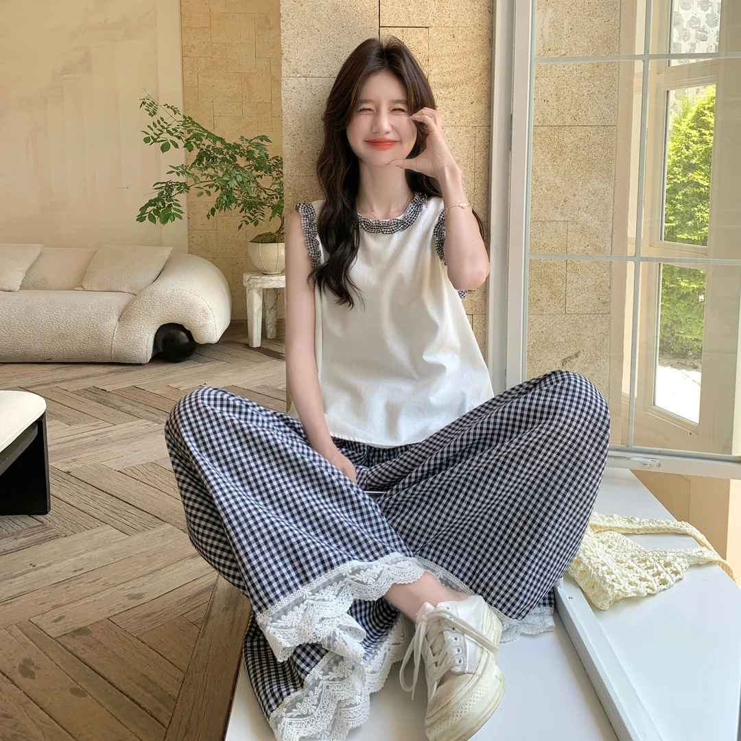 韩系慵懒风时尚套装女2025夏季新款格子阔腿裤背心气质减龄两件套