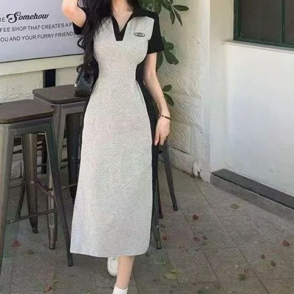 【二胖推荐】《修容大师》polo领垫肩灰色连衣夏季休闲显瘦裙1308