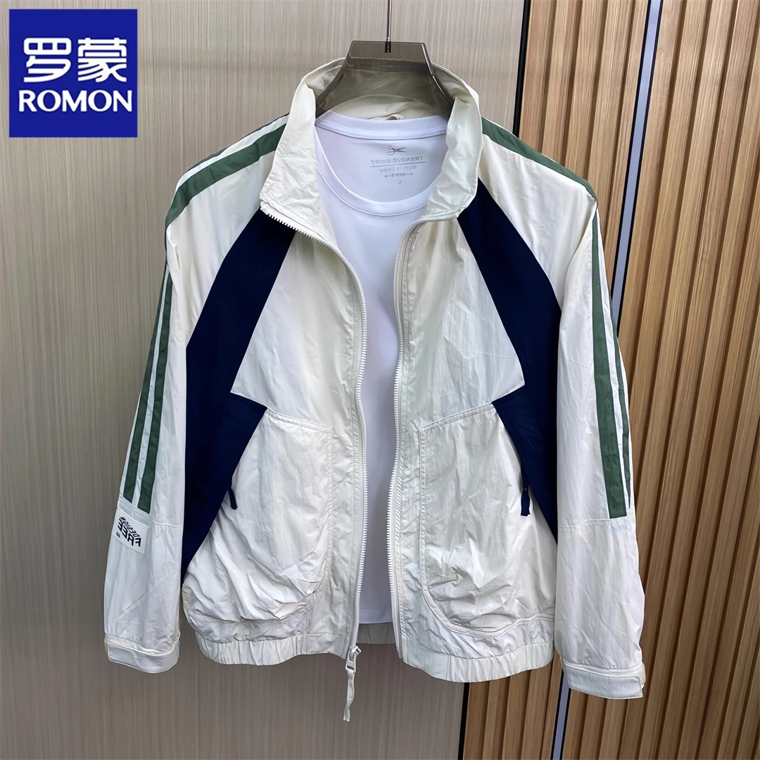 罗蒙春秋季时尚男士立领拼色百搭运动上衣条纹休闲冲锋外套男装潮