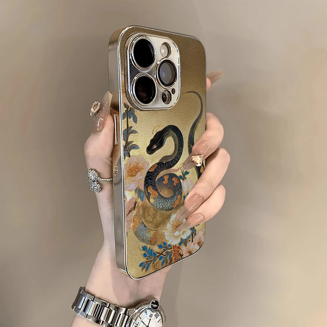 牡丹花蛇适用iPhone16promax手机壳苹果15pro电镀国风14p新中式女