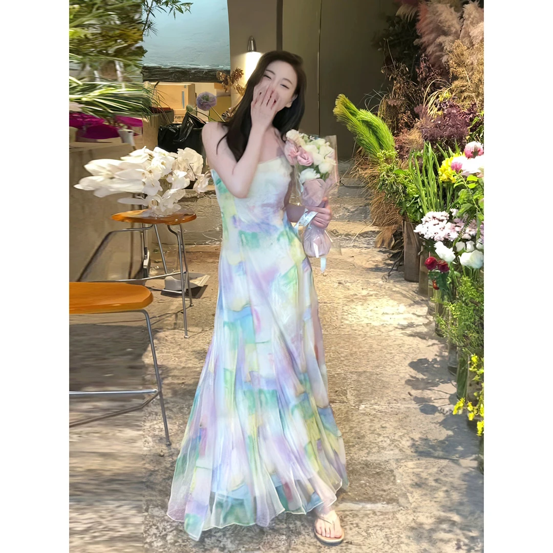 【自留款】仙女裙子超仙森系大摆裙夏季扎染印花吊带连衣裙收腰显