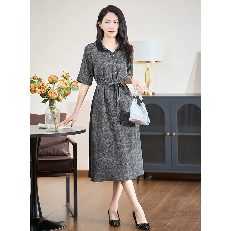 迪欧芙翻领轻奢时尚显瘦2025春女新款优雅上档次连衣裙#CLQ17826