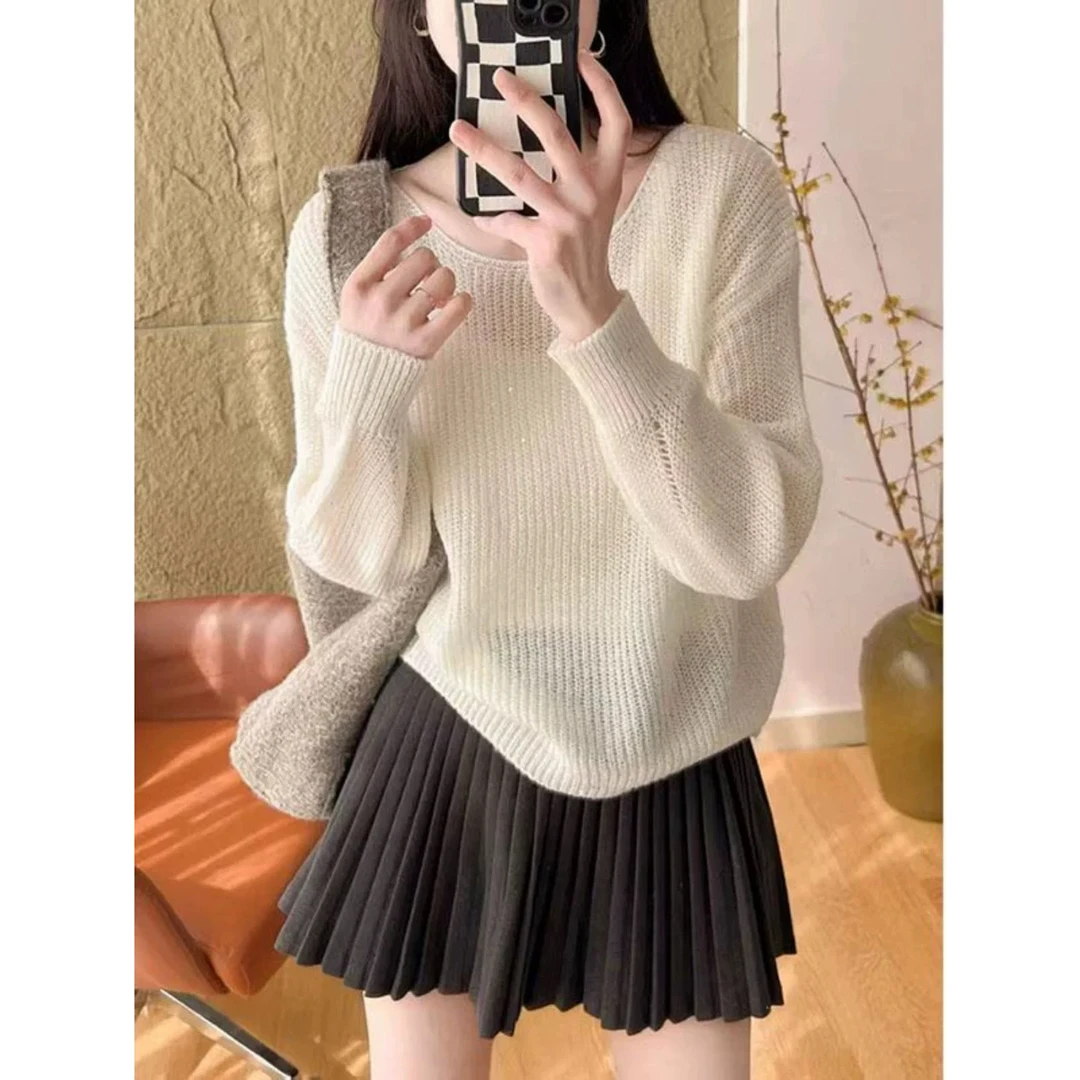 587温柔韩版镂空设计春秋针织毛衣女时尚百搭套头上衣显瘦宽松