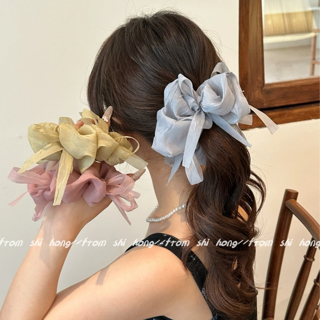 韩国东大门进口面料发圈肠圈温柔芭蕾风褶皱雪纺纱蝴蝶结发圈头绳