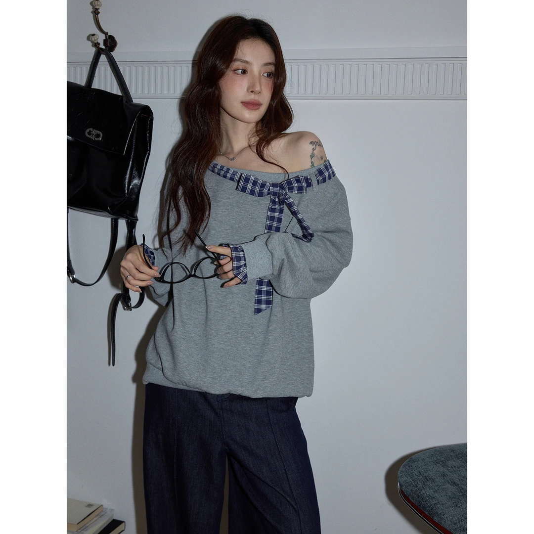【吵吵家】设计感灰色蝴蝶结拼接卫衣女2025秋慵懒宽松休闲斜肩上衣