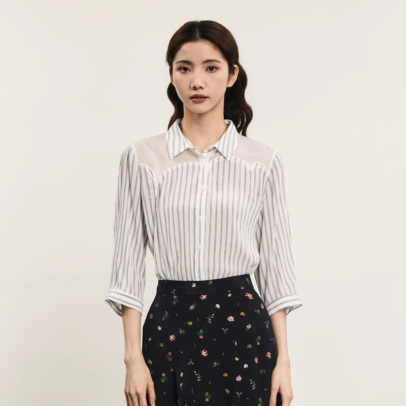 谜底条纹衬衫七分袖女2024夏季新品通勤风宽松拼接衬衣242MC0711