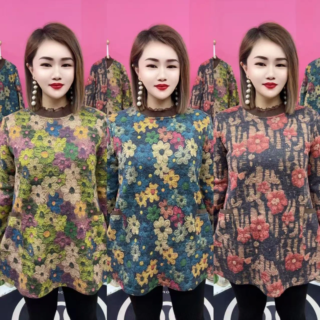 花朵版加绒保暖双兜大版衫