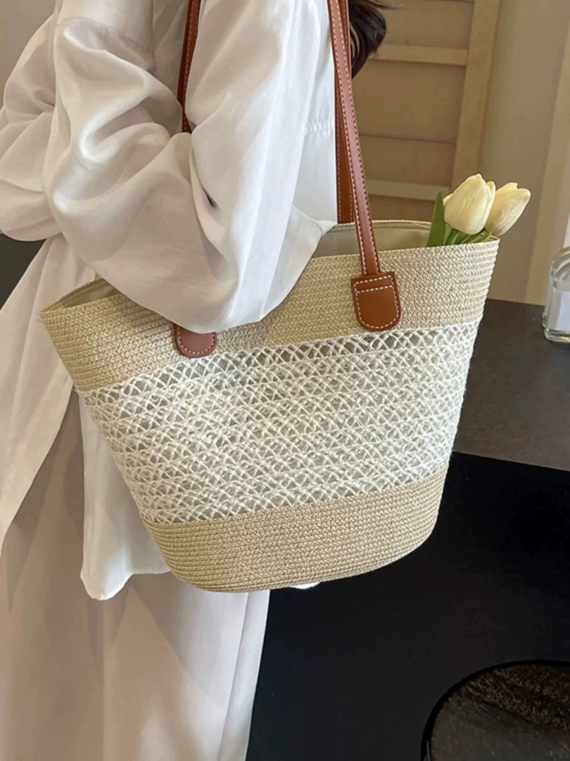 镂空特色草编女大容量编织菜篮子夏日沙滩法式单肩通勤便携包