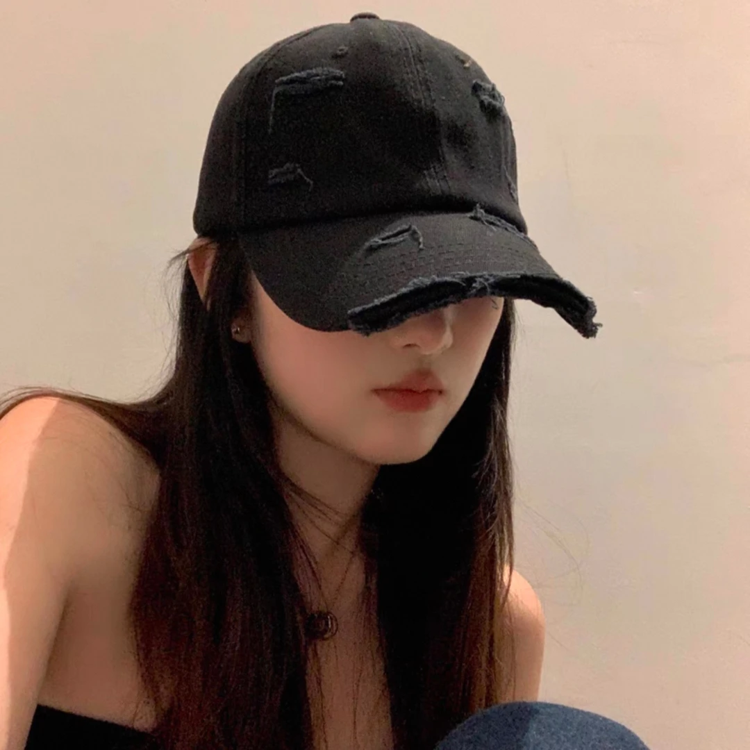 Jing~显脸小新款水洗做旧磨边加深加大百搭棒球帽简约韩版