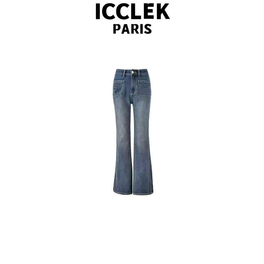 ICCLEK 蓝色高腰直筒百搭牛仔裤百搭宽松窄腿裤显瘦喇叭裤-9074